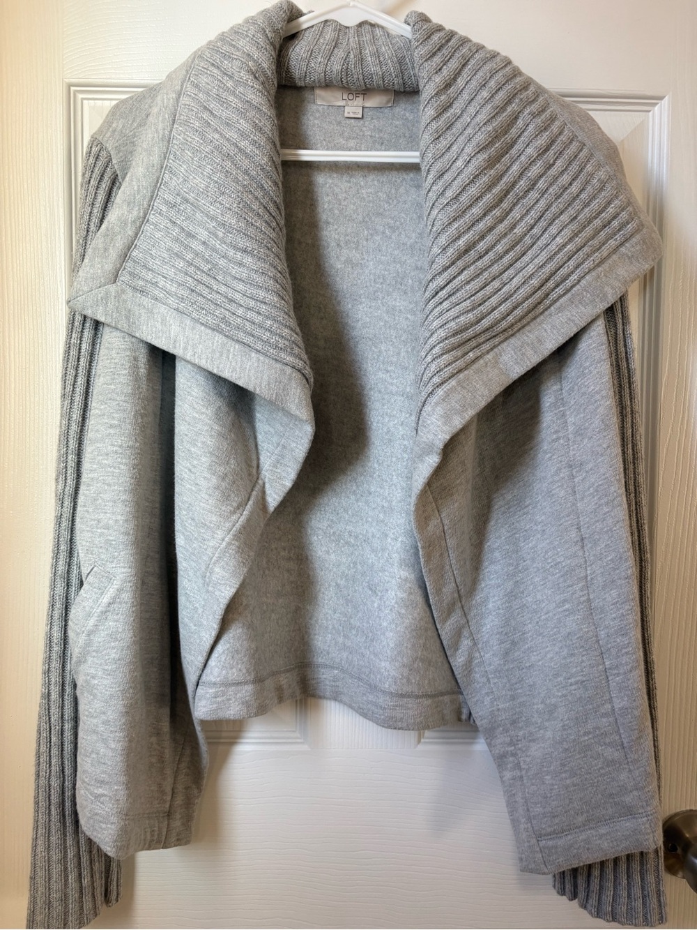 LOFT Gray Open Front Ribbed Shawl Collar Sweater